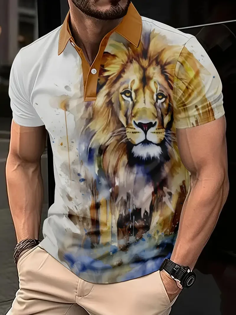 Wolf Lion Animal Print 3D Printed Men\'s Polo Shirt Fashion Comfort Golf Tennis Tops Summer Oversized Cool Button Clothing