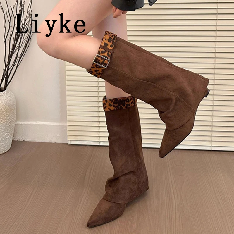 Liyke New Design Leopard Print Belt Buckle Strap Women Mid Calf Boots Fashion Pointed Toe Wedge Heels Shoe Autumn Winter Booties