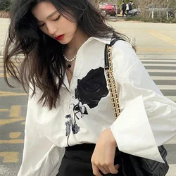 Autumn Fashion Printing Turn-down Collar Long Sleeve Blouse Women Clothing Simplicity Buttons Loose Blouse Femme Trend Top Tee