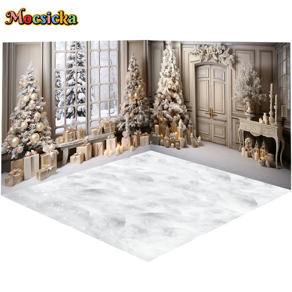 Fondo de decoración de puerta blanca Retro de Navidad, árbol de Navidad, regalo, velas, ventana, zona de fotografía, telón de fondo, retrato familiar, estudio fotográfico