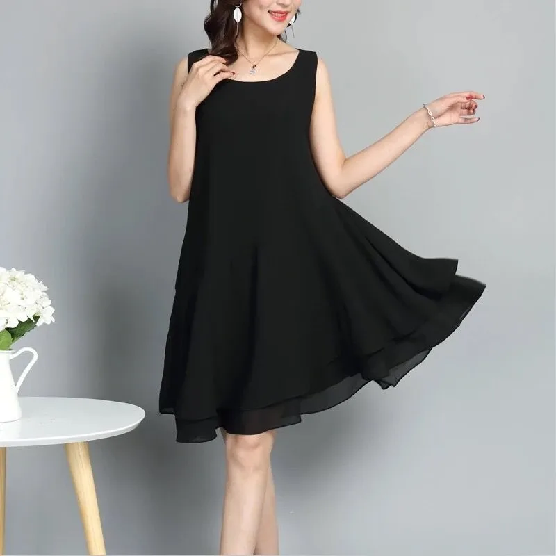 

2026 Women New Summer Fashion Sleeveless Tank Chiffon Dress Solid Knee-Length Dress Office Ladies Dress Vestidos