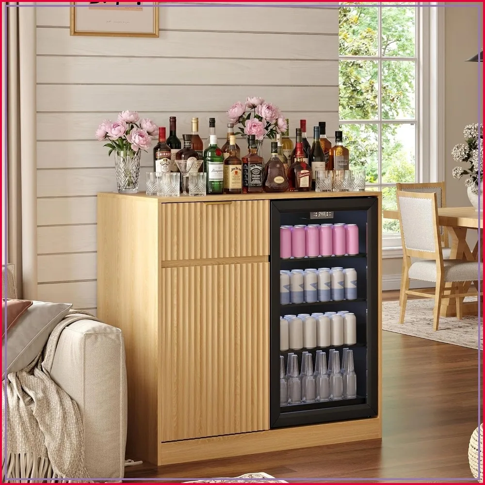Mini Fridge Cabinet with Power Outlet, Coffee Bar & Wine Rack, Fluted Buffet Sideboard