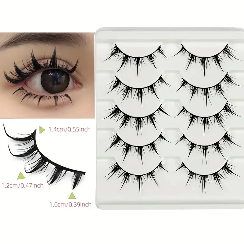 5 Pairs of Anime-Style False Eyelashes, Dramatic Demon-Style Cartoon False Eyelashes with D-Curve, Reusable