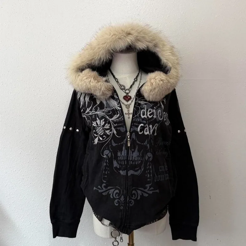 Otoño e Invierno nueva moda de gran tamaño patrón impreso cuello de piel suéter mujeres Y2K gótico Hip Hop Harajuku Casual sudadera
