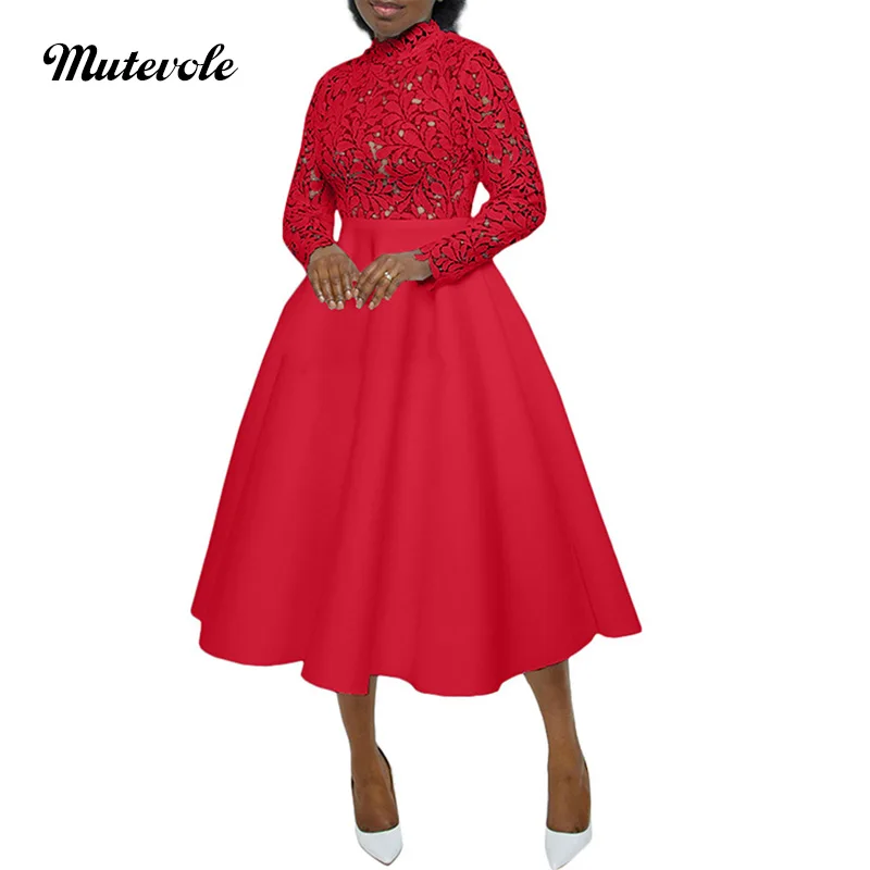 

Mutevole Floral Lace Swing Midi Dress Women Long Sleeve Back Zipper a Line Dress