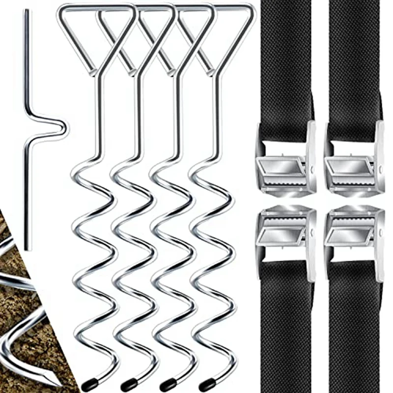 

4 Ground Anchors,9-Piece Set,Attachment For Trampoline,Of 1 Cm Diameter Steel For Screwing,4 Straps And Turning Aid