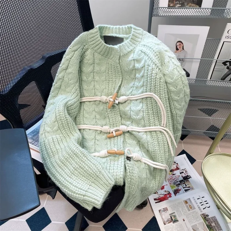 

Korean Style Lazy Style Sweater Jacket for Women Autumn and Winter Horn Button Knitted Cardigan