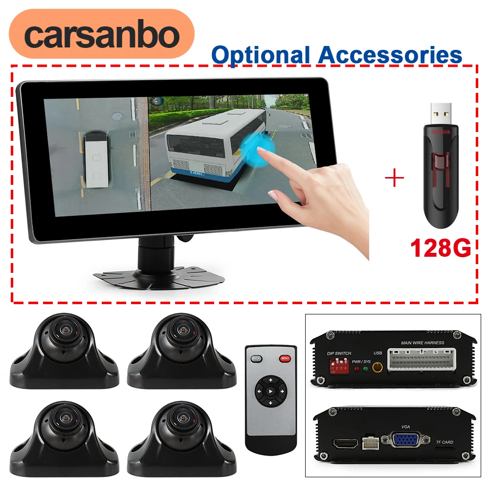 Carsanbo 3D 360 Panoramic Car Camera System Rear+Front+Side MIS2031 Chip AHD1080P and 10.25 Inch LCD Display Touch Monitor 128G