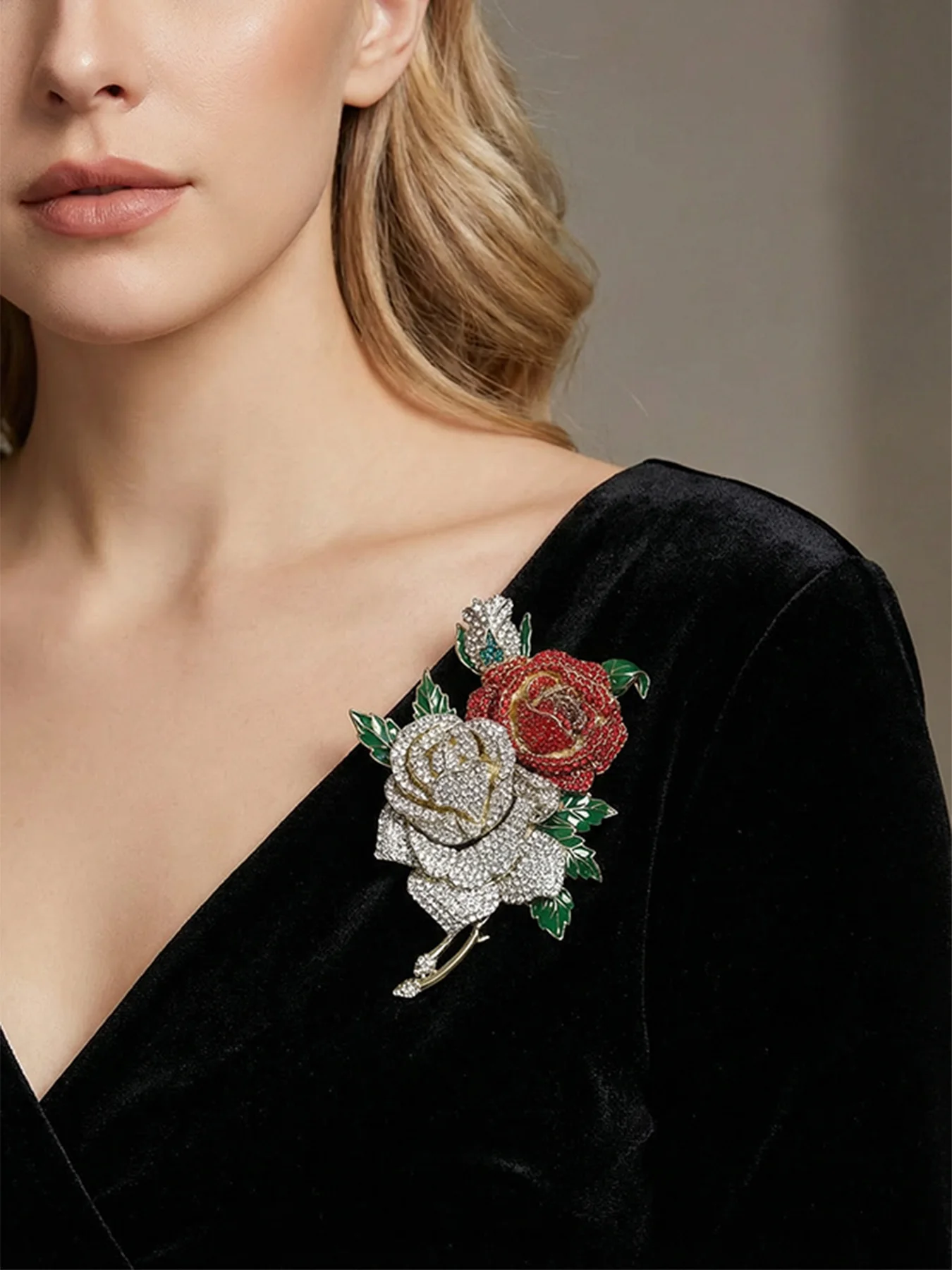 Blooming Double Rose Art Brooch, Hand Paved Crystals on 3D Petals, Enamel Foliage Warm Gold Vintage Floral Pin