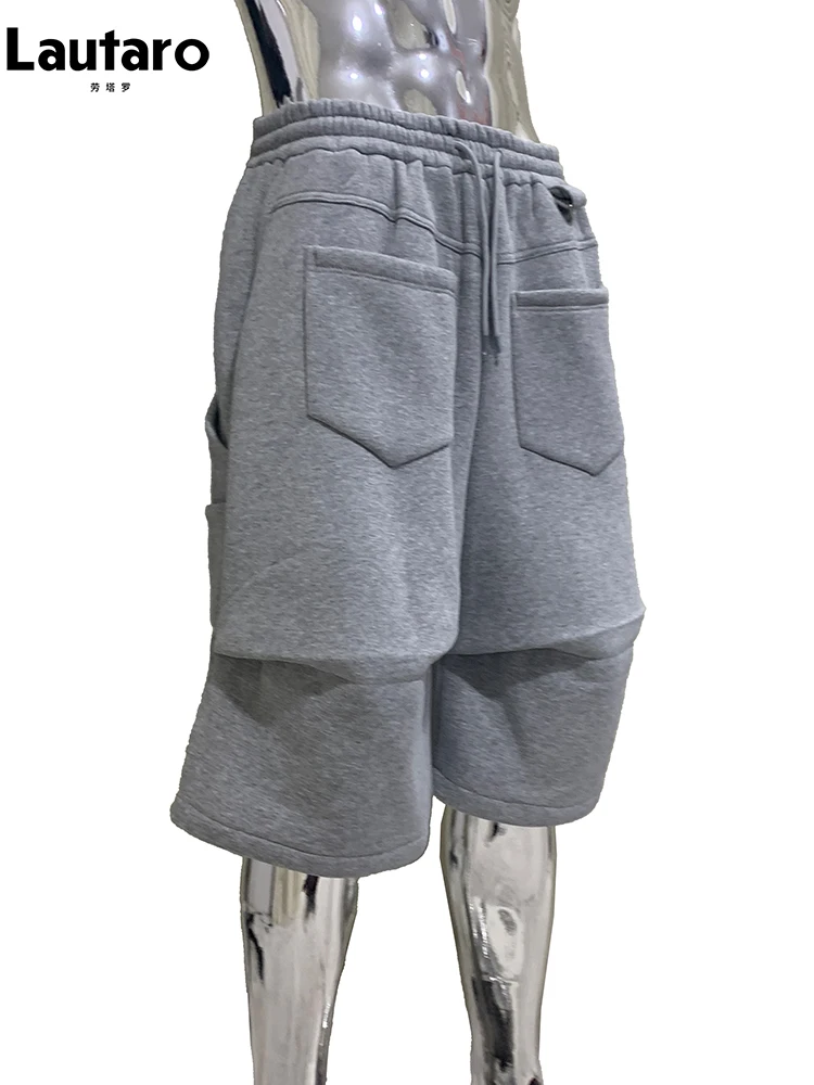 Nerazzurri Summer Autumn Loose Casual Soft Grey Shorts for Men Drawstring Elastic Waist Pockets Knee Length Sweatpants Clothes