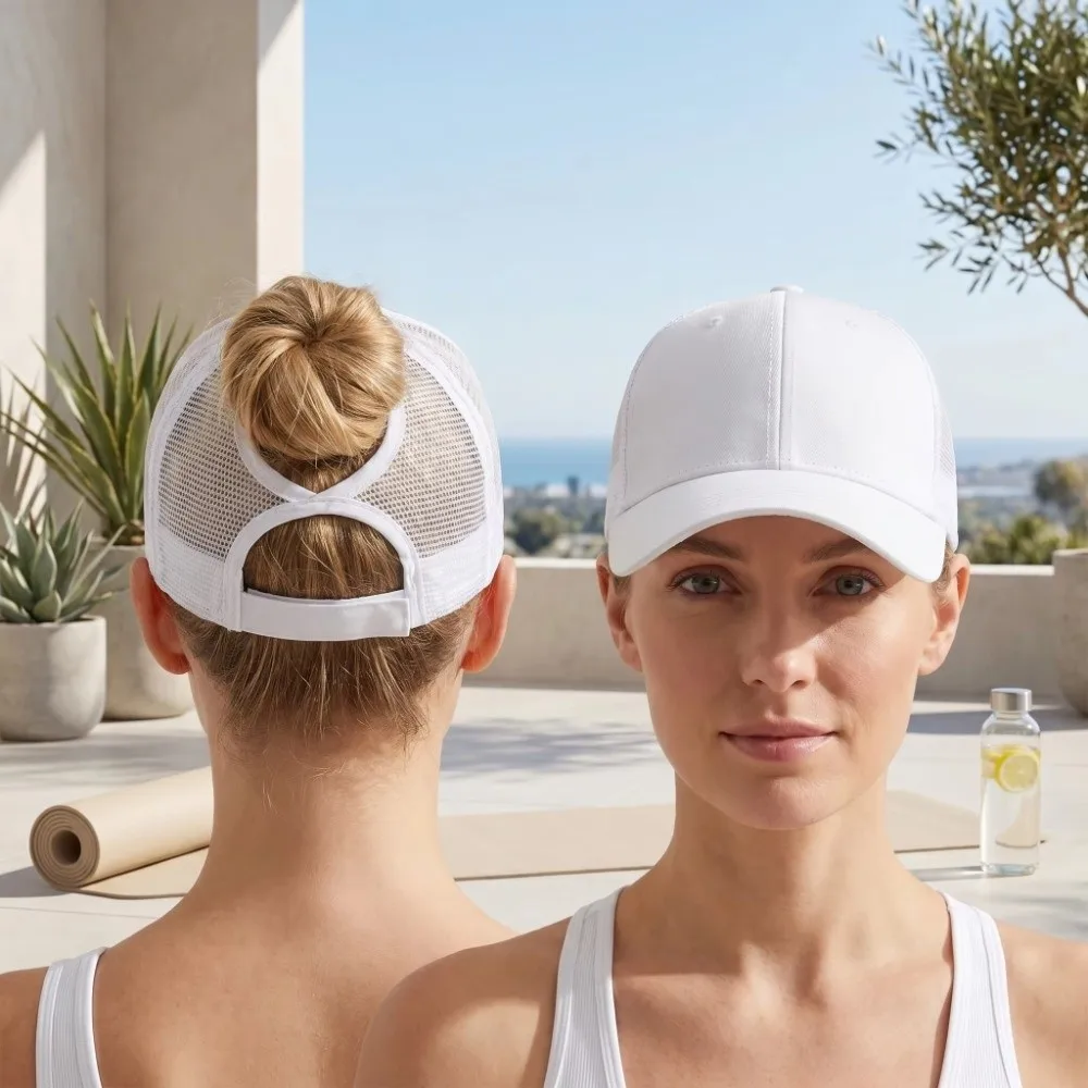 UV Protection Mesh Baseball Caps Hollow Out Back Breathable Mesh Ponytail Hats High Ponytail Design Adjustable Sun Hats