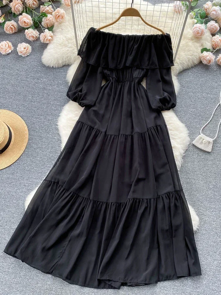 Women Spring Summer Dress Self-cultivation New One Line Shoulder Lotus Leaf Edge Layering Waist Fold Temperament Dress D2745