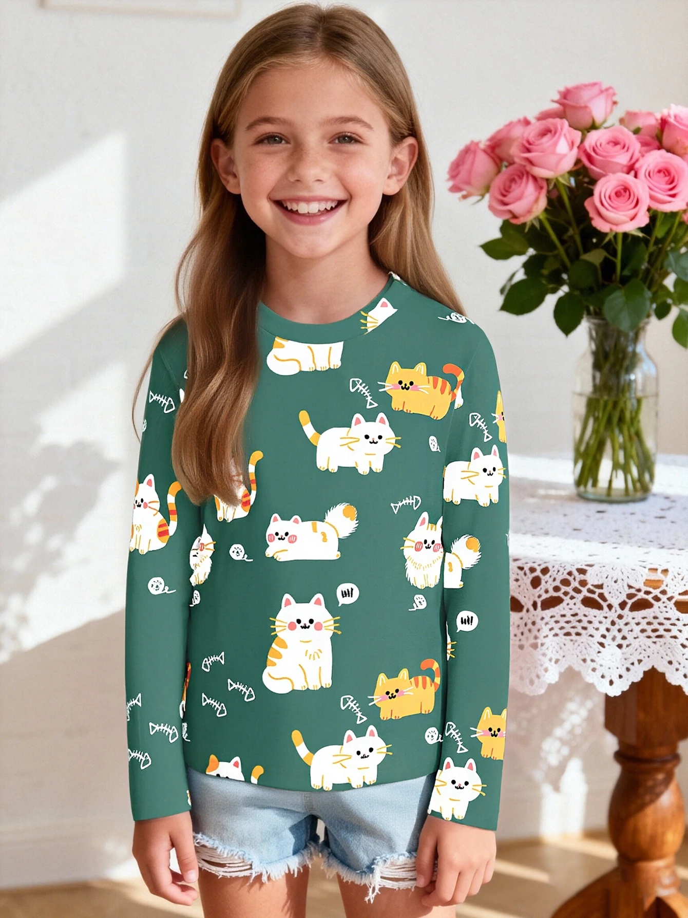 

2026 girls dark green cartoon cat full of long-sleeved T-shirts, children's children's cute crew neck top autumn clothes