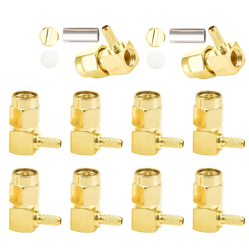10PCS SMA Male/RP SMA Female Pin Right-Angle RF Connector Crimp, Compatible with RG174 RG316 LMR100 Cables, Wide Temp