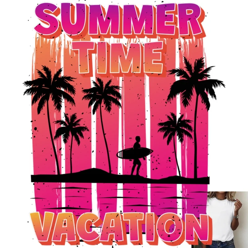 Summer Vacation Style Coconut Tree Surfer Heat Transfer White Ink Iron - on, Suitable for T - shirts/Canvas Bags, Casual &