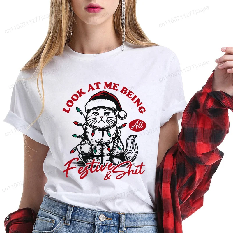 Christmas Cat Shirt, Angry Santa Hat Cat Graphic Tshirt,xmas Lights Top,funny Holiday T-Shirts,festive Graphic Tees,holiday Gift
