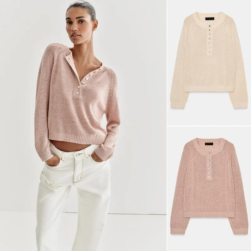 Half Button Knit Pullover Crew Neck Raglan Long Sleeve Lightweight Cropped Sweater Loose Solid Spring Casual Knitwear Top