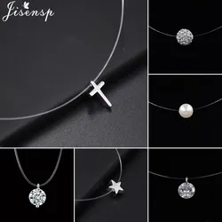 Fashion Invisible Chain Necklaces for Women Transparent Fishing Line Necklace Rhinestone Cross Star Heart Pendant Choker Collier