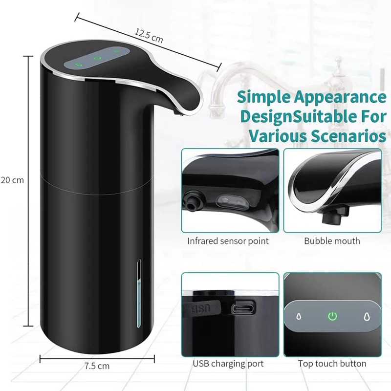 Imagem -06 - Dispensador de Sabão de Espuma Automático-touchless Dispensador de Sabão Elétrico Recarregável Usb 450ml Preto