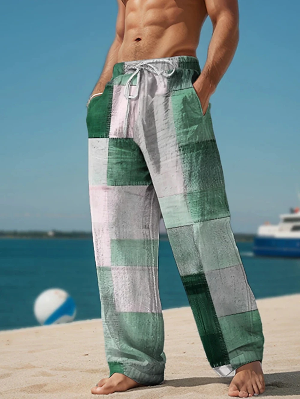 Plaid Color Block Men's Resort 3D Printed Casual Pants Trousers Elastic Waist Fit Straight-Leg Pant Summer Beach Pants 5XL