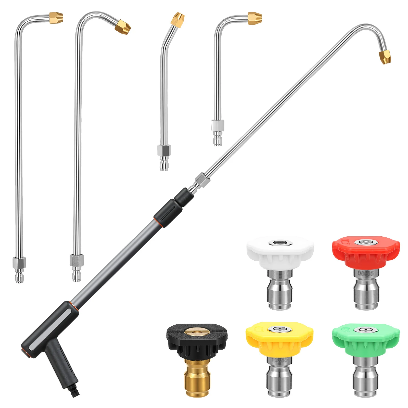 4PCS Pressure Washer Extension Wand Stainless Steel Curved Lance With 5 Spray Nozzle Tips 1/4 Inch Quick Connect For Car Washing