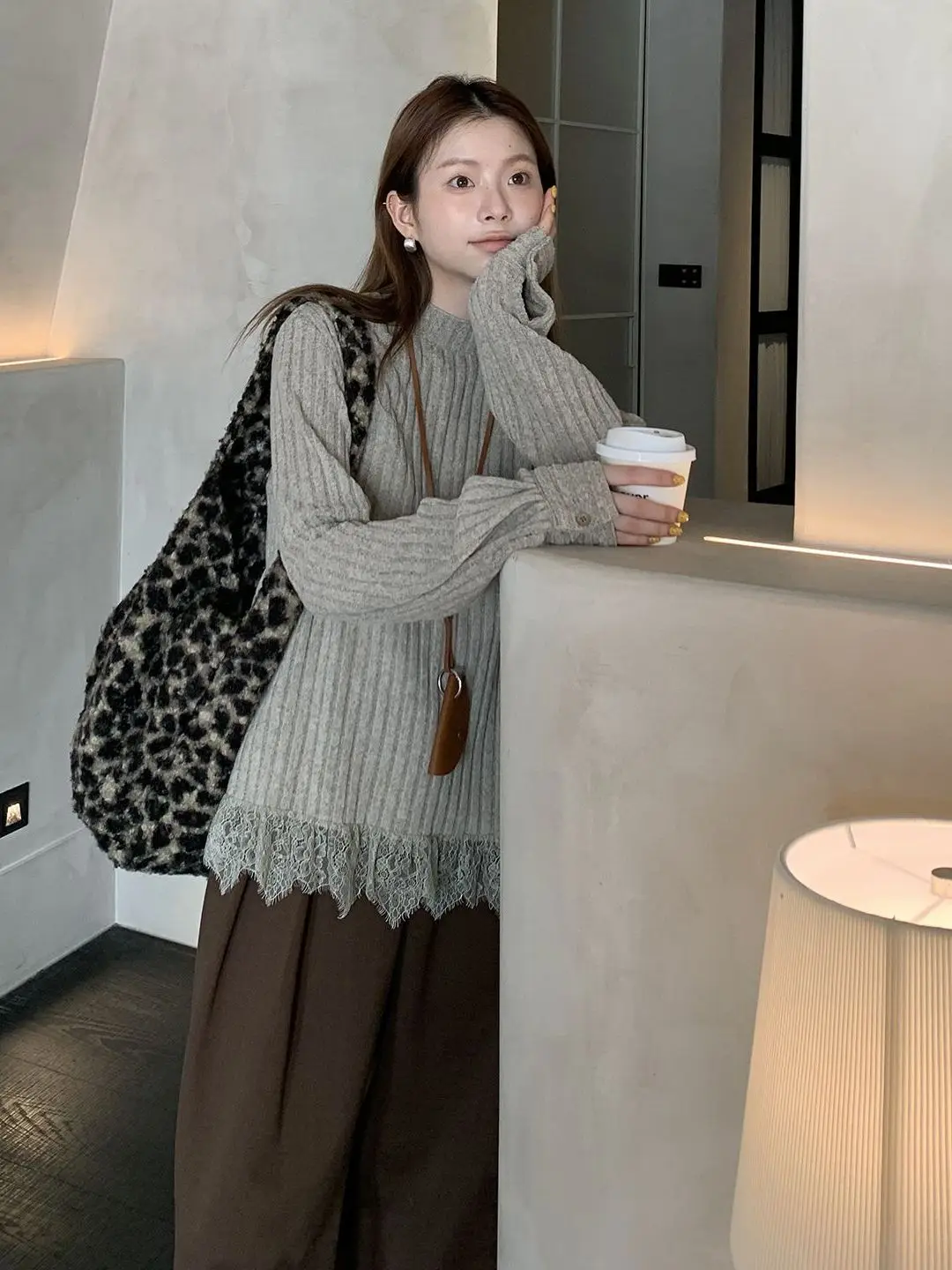 

Корейский вязаный свитер с длинными рукавами и кружевными вставками, женский повседневный свободный базовый свитер с высоким воротником, осень-зима, новинка