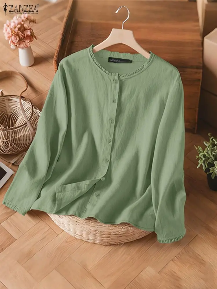 

Осенние блузки ZANZEA 2024, винтажные женские рубашки, повседневные топы с круглым вырезом и длинными рукавами, блузки на пуговицах, стильная рабочая рубашка с оборками OL