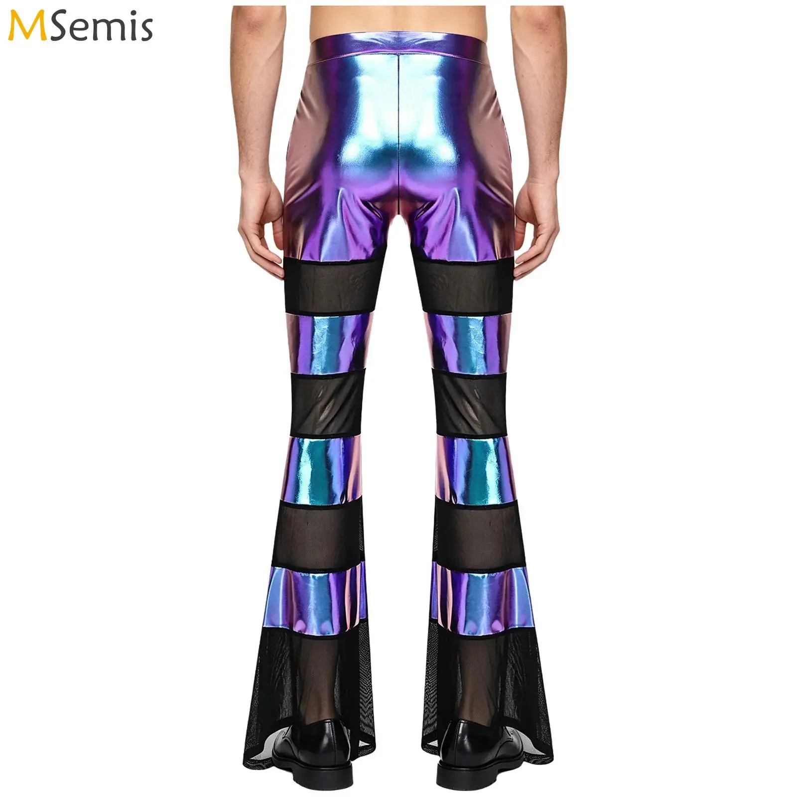

Mens Flared Pants Metallic Shiny Trousers Sheer Mesh Front Zippers Bell Bottom Long Pants Retro 70s 8s Disco Costume Clubwear