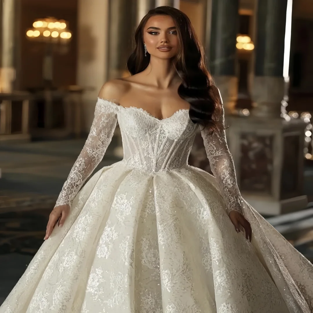 Maßgeschneiderte Luxus-Spitze Brautkleider A-Linie Pailletten V-Ausschnitt mit langen Ärmeln Brautkleider Brautkleider Robe Vestidos De Novia