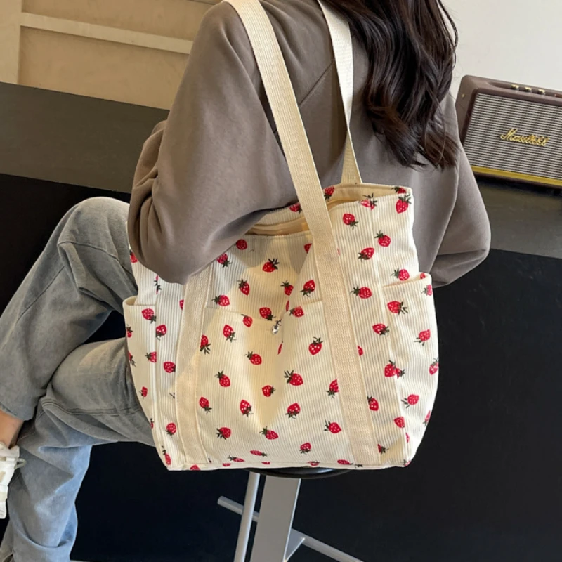 Fashion Printed Shoulder Bag Personalized Beautiful Girl Shopping Tote Bag Leisure Commuter Large Capacity Corduroy Handbag