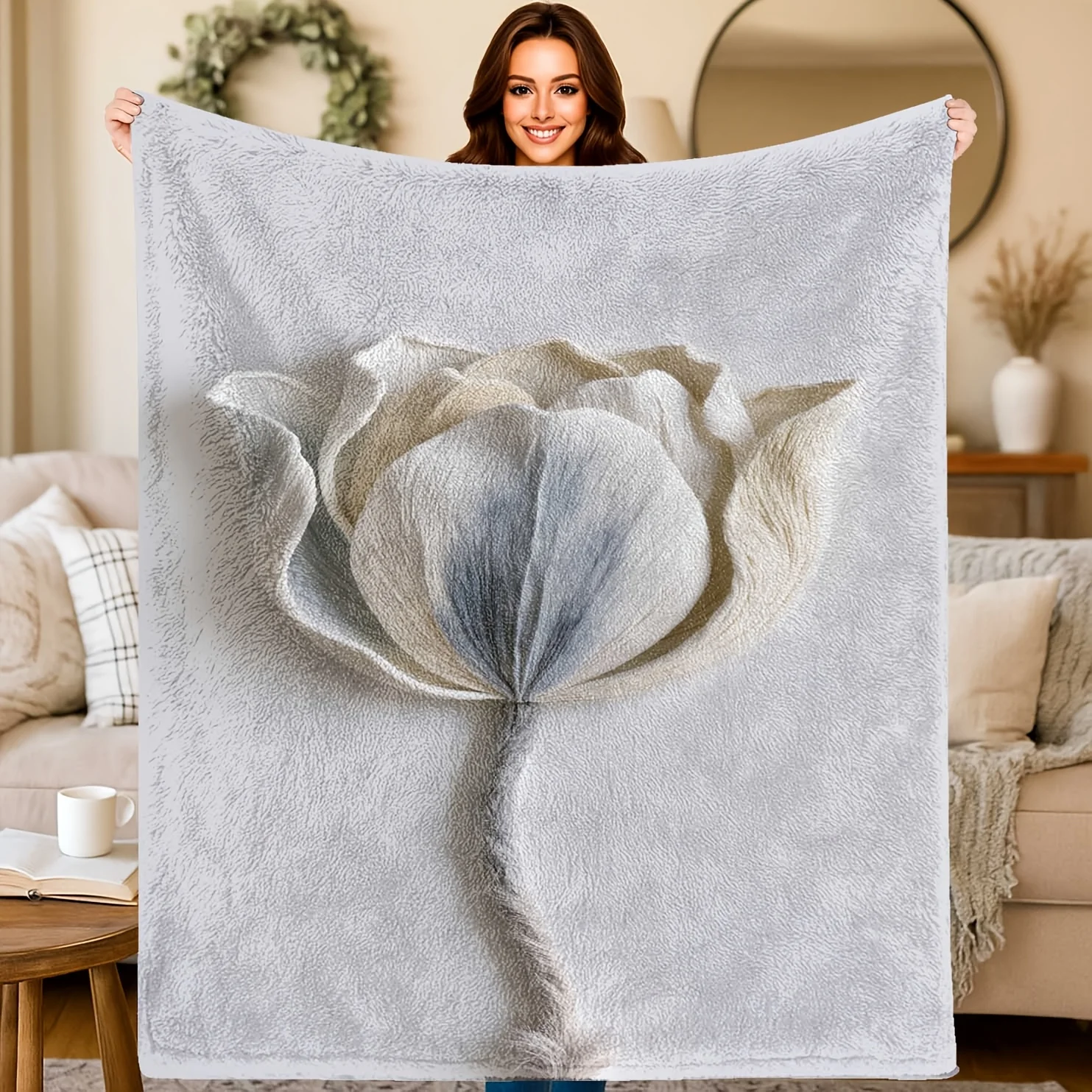 Minimalist Flower Throw Blanket 2D Floral Embossed Texture Soft Plush Blanket For Modern Bedroom Living Room Home Decor