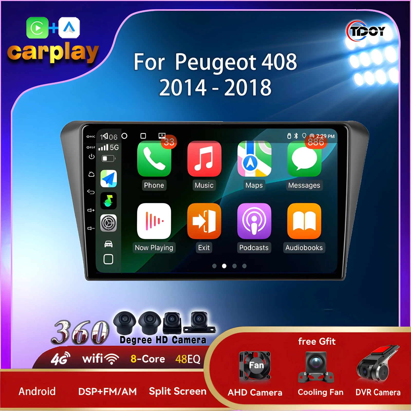 

Авторадио для Peugeot 408 2014-2018, автомобильный радиоприемник, мультимедийный автомобильный Carplay, Android Auto, Bluetooth, беспроводной DSP, сабвуфер, автомобиль