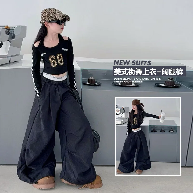 

4-14Y Big Girls American Style Clothes Set With Leopard Printed Dance Suit Long Sleeve T-Shirt +Pants 3-Pcs Children Streetwear