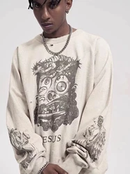 Vintage Long Sleeve Washed Hand Drawn Graffiti Printed Cotton Retro Round Neck Fleece Hoodie High Street Casual Loose Trendy