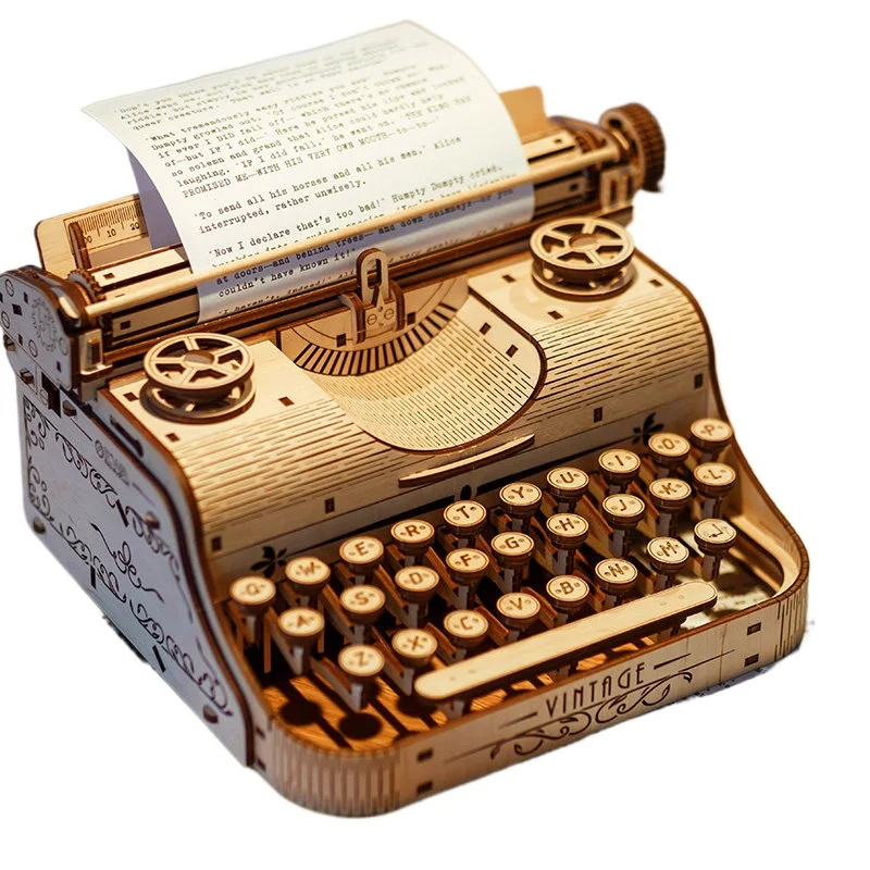 Retro typewriter handmade wooden building block assembly model puzzle boys and girls birthday gift DIY