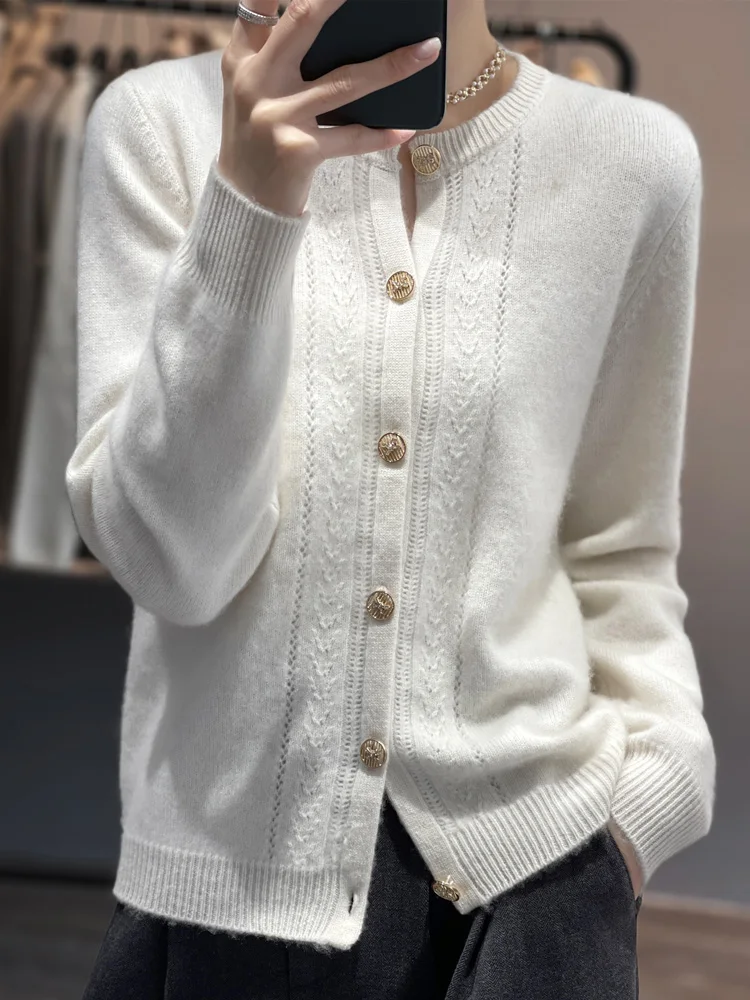 Addonee Women Sweater Autumn Winter O-neck Cardigan 100% Merino Wool Soft Knitted Coat Grace Clothing Chic