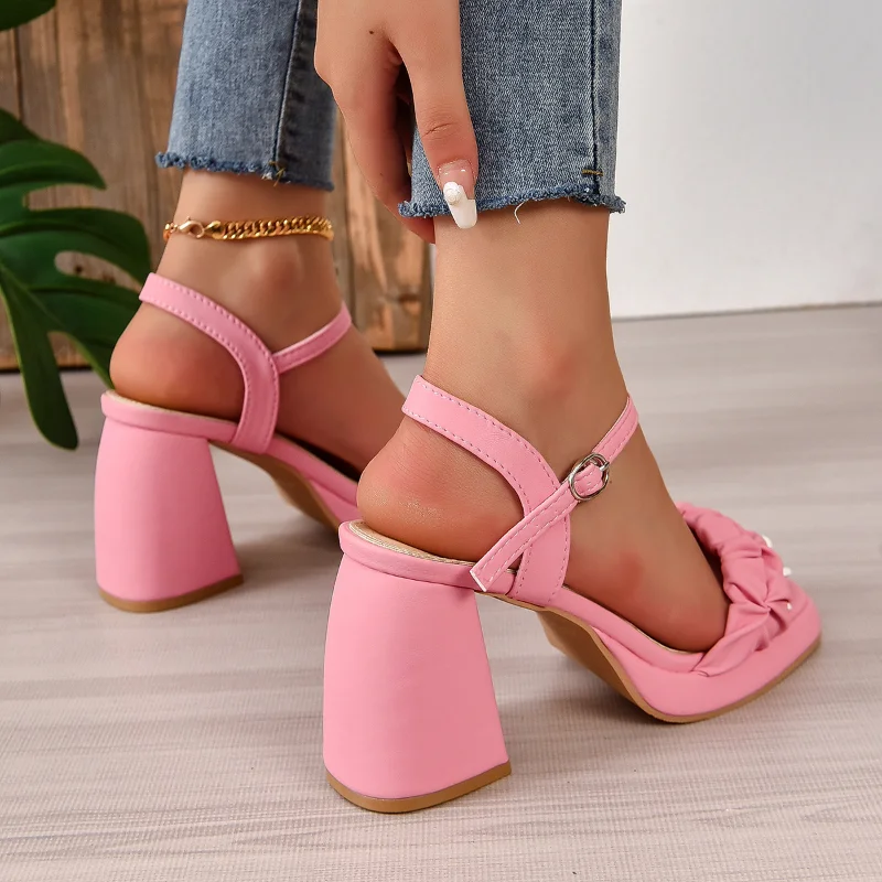 Women's High Heels Fashion Pleated Square Toe Open Toe Super High Heel Sandals All-match Hollow Out Sexy Party High Heels Mujer