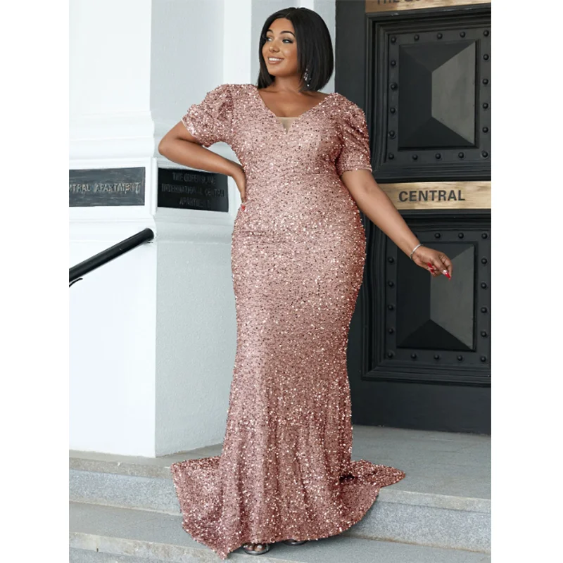 Plus Size V Neck Glitter Grey Dress 4XL 5XL Elegancka suknia balowa XL Summer Sequin Bow Mermaid Maxi Evening Dresses