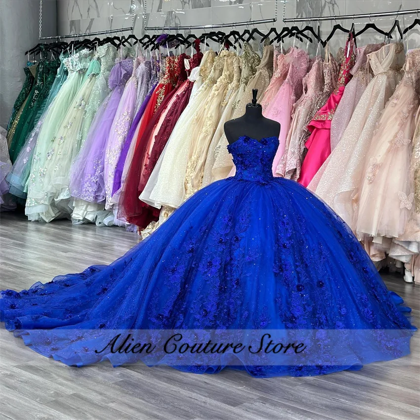 Prachtige Koningsblauwe Qinceanera Jurk Bloemen Appliques Kralen Prinses Vestidos Baljurk Sweet 16 Vestidos De 15 Años