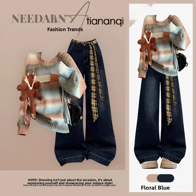 

Faionable Knitted Sweater And High Waist Jeans Women's Set Autumn Winter adient Design Versatile plus Size Ladies Outfit