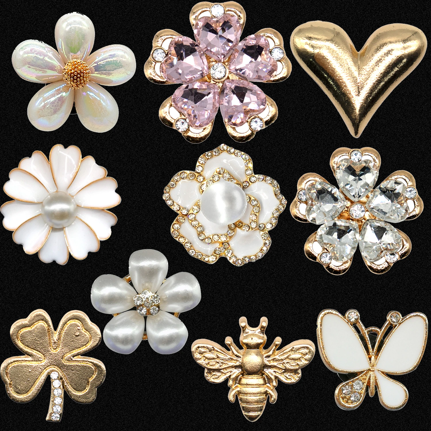 1/10pcs Designer White Butterfly Flower Metal Shoe Charms Four Leaf Clover Luxury Decorations Golden Heart Shoe Accessorie