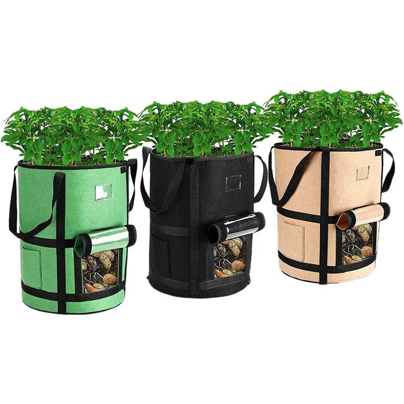 

3 Piece 10 Gallon Grow Bags With Window To Harvest Potato Grow Bags With Flap And Handles