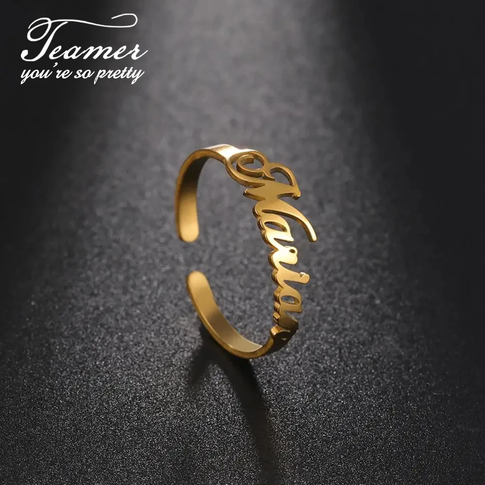 Teamer Custom Name Rings Adjustable Gold Color Stainless Steel Personalized Ring Jewelry Women Men Family Rings Jewelry Gift Hot