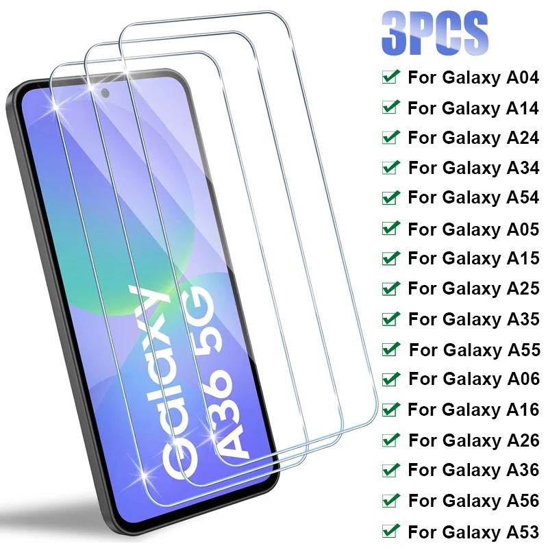 

3PCS Tempered Glass for Samsung Galaxy A16 A36 A56 A06S A26 Screen Protector for Samsung A55 A35 A25 A15 A05S A54 A34 A53 A14 5G