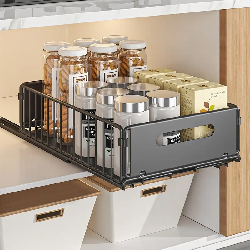 No-punch Folding Cabinet Pull Basket Multi-functional Pull Snack Storage Rack Household Kitchen Sink Storage Shelf Stable