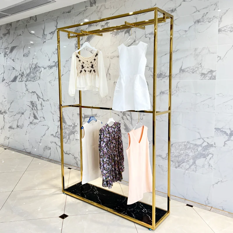 Customized. high end clothing rack display furniture stainless steel garment display stand design lady shop 2 layer clothing gar