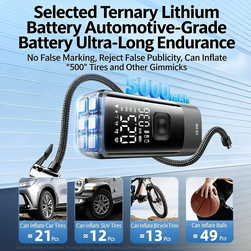 Portable Motorcycle Car Bicycle Air Pump 150 PSI Tire Inflator Air Compressor Cordless LED Light Rechargeable Inflatable Pump
