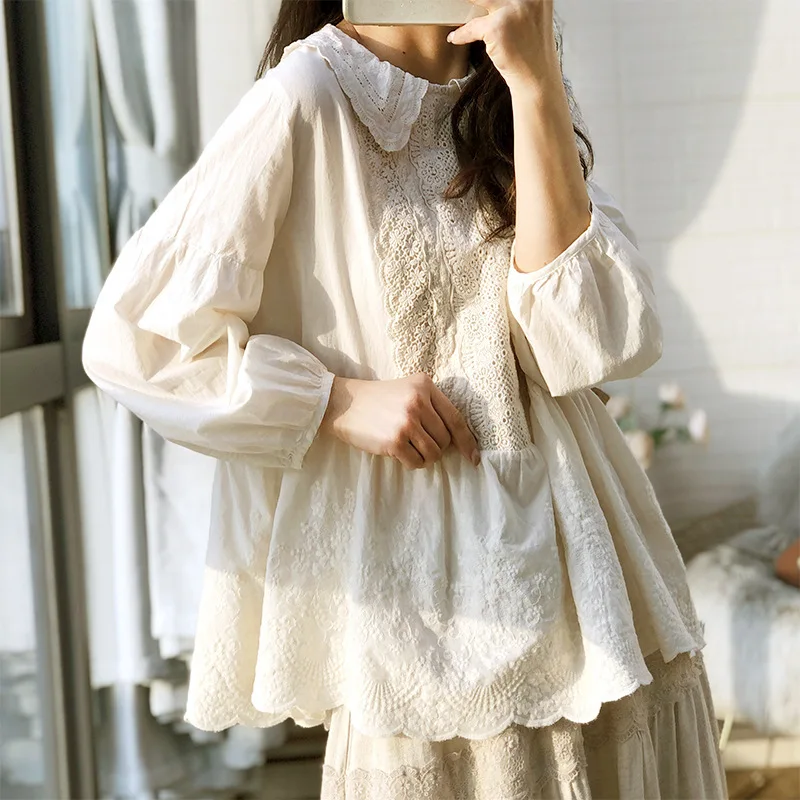 Enianechu mori girl vintage cotton sweet embroidery eyelet lace patchwork shirts long sleeve blouses Edwardian Victorian tops