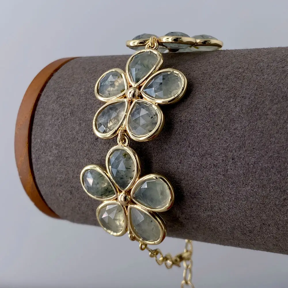 Natural Green Prehnite Flower Brass Beaded Charm Bracelet Crystal Healing Jewelry Dropshipping