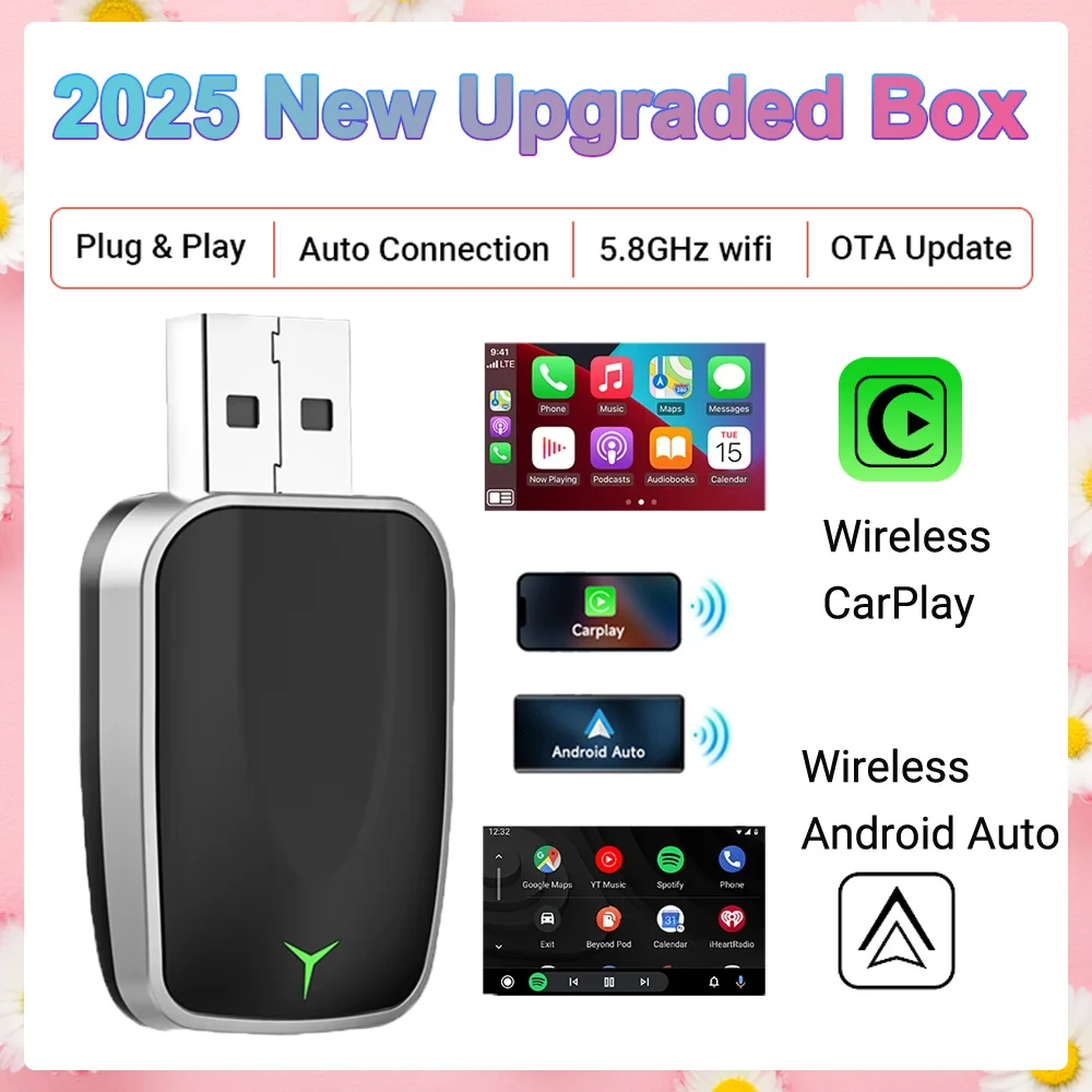 

2025 New Upgrade Wired To Wireless Carplay Android 2In1 Adapter Car Gadget Smart Box Plug&Play 5Ghz Wifi Fast Connect Mini Box